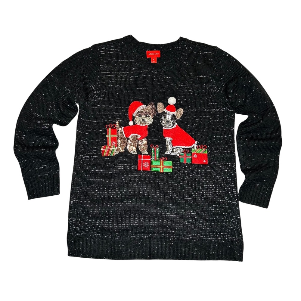 Holiday Lane Women's XS Black‎ Sparkle Christmas Sweater Dogs Gifts